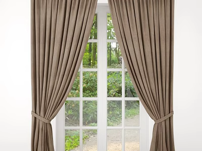 Brown Velvet Curtains Tied Back At White Window With Natural Greenery View 3d model