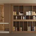 Modern Elegant Wooden Bookcase Interior With Multiple Shelves Books Decorations Sculptures And Decorative Painting Wall