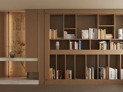 Modern Elegant Wooden Bookcase Interior With Multiple Shelves Books Decorations Sculptures And Decorative Painting Wall 3d model