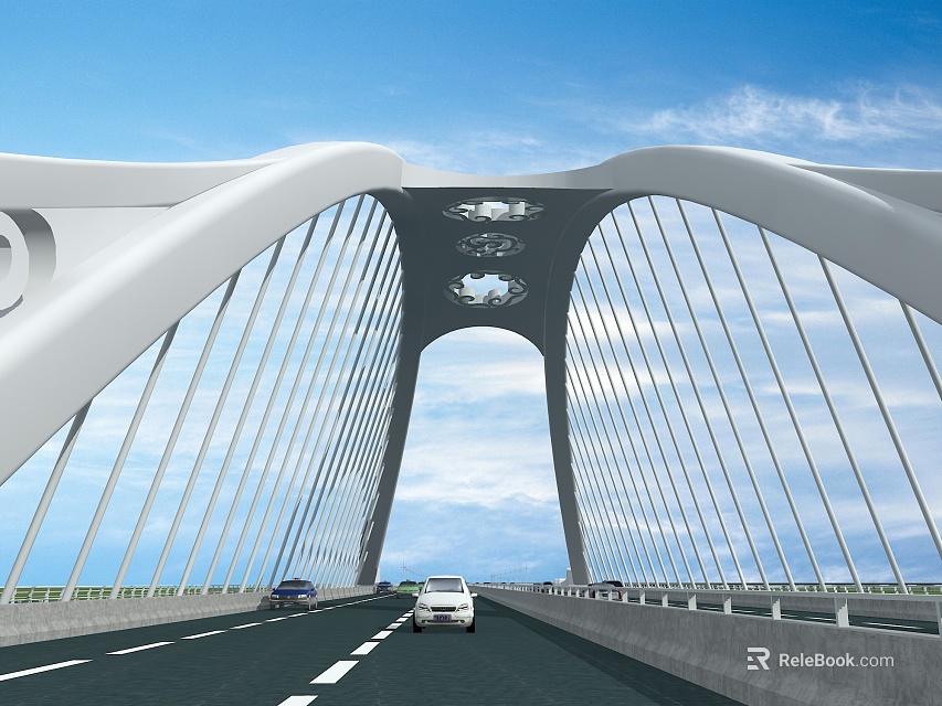 Modern White Cable Stayed Arch Bridge Structure With Roadway Vehicles And Blue Sky 3d model 