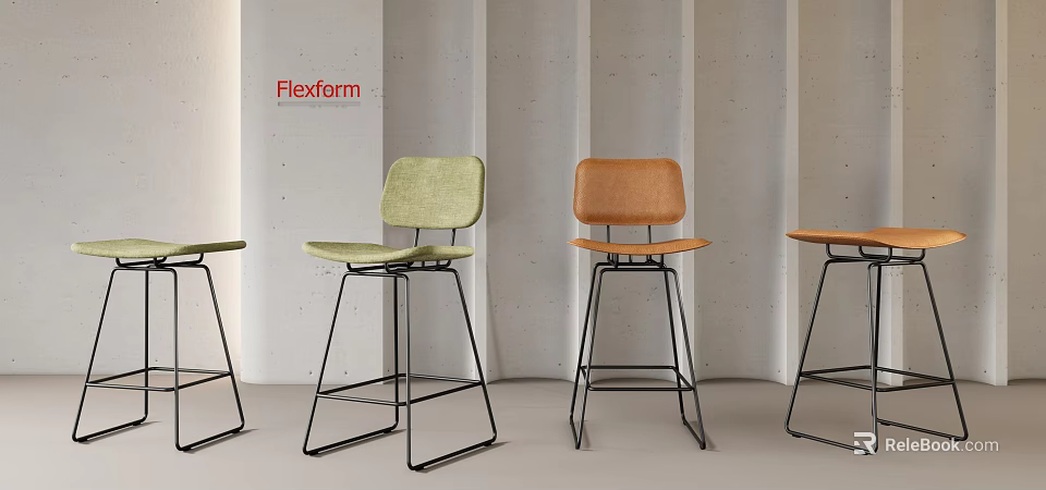 Flexform Modern Bar Stools With Green And Orange Seats Metal Frame Gray Wall Background 3d model 