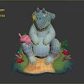 Cute Blue Dinosaur And Pink Pig Cartoon Characters Sitting On Green Grass With Purple Flowers