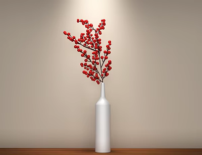 White Vase With Red Berry Branches Lit Up Against Light Wall On Wooden Table 3d model