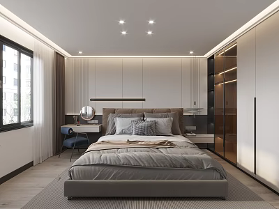 Modern Bedroom Interior With Comfortable Bed Wardrobe Desk Chair And Ceiling Lights 3d model