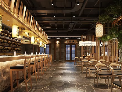 Modern Restaurant Interior With Open Design Wooden Decor Bar Counter Hanging Lamps And Tables 3d model
