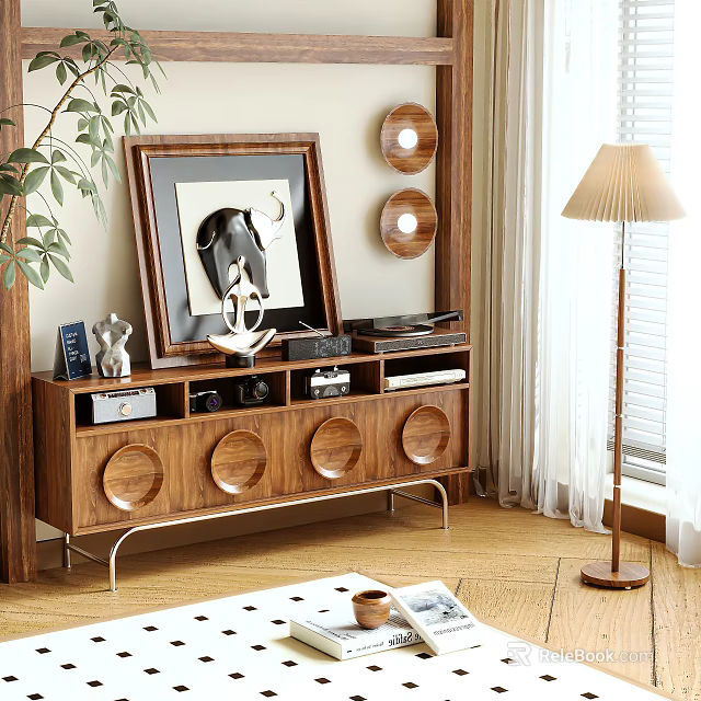 Modern Wooden TV Stand with Circular Cutouts Metal Legs Decorative Art Vinyl Records Floor Lamp 3d model 