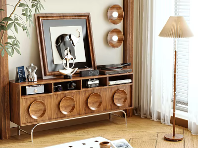 Modern Wooden TV Stand with Circular Cutouts Metal Legs Decorative Art Vinyl Records Floor Lamp 3d model