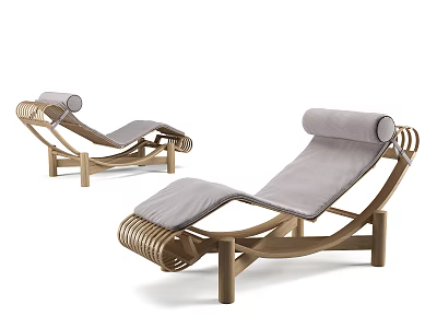 Modern Wooden Lounge Chair With Gray Cushion And Curved Armrest Design 3d model
