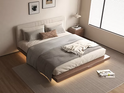 Modern Minimalist Bedroom Interior With Bed Nightstand Table Lamp Wall Paintings Window Rug And Magazines 3d model