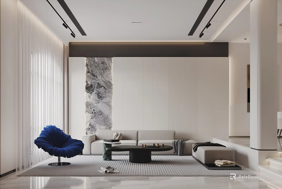 Modern Living Dining Room Interior Design With Blue Chair Sofa And Marble Decoration 3d model 