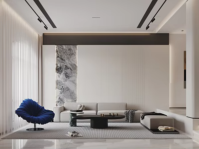 Modern Living Dining Room Interior Design With Blue Chair Sofa And Marble Decoration 3d model