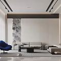 Modern Living Dining Room Interior Design With Blue Chair Sofa And Marble Decoration