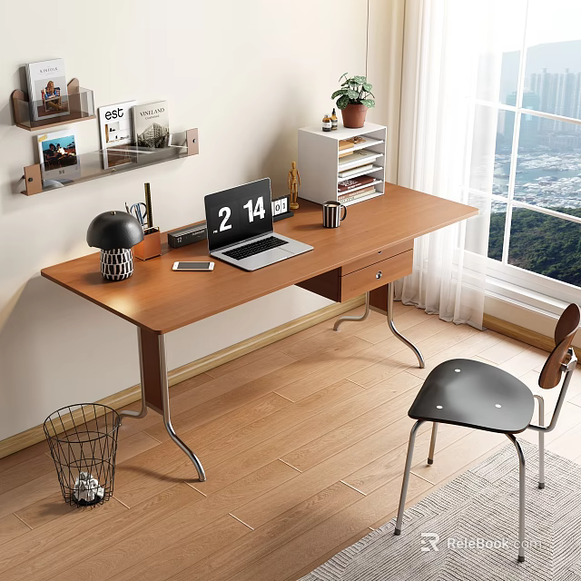 Modern Wooden Desk With Laptop Desk Lamp Potted Plant Wall Shelf And Window View 3d model 