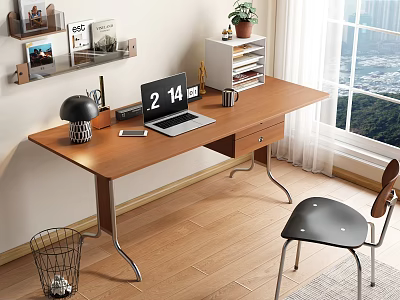 Modern Wooden Desk With Laptop Desk Lamp Potted Plant Wall Shelf And Window View 3d model