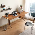 Modern Wooden Desk With Laptop Desk Lamp Potted Plant Wall Shelf And Window View