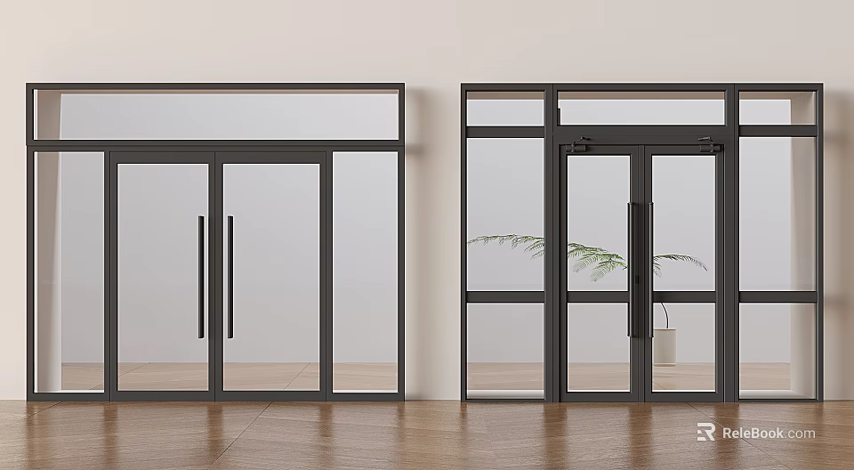 Modern Glass Panel Double Doors With Black Metal Frame And Indoor Wooden Floor Design 3d model 