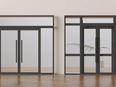 Modern Glass Panel Double Doors With Black Metal Frame And Indoor Wooden Floor Design 3d model