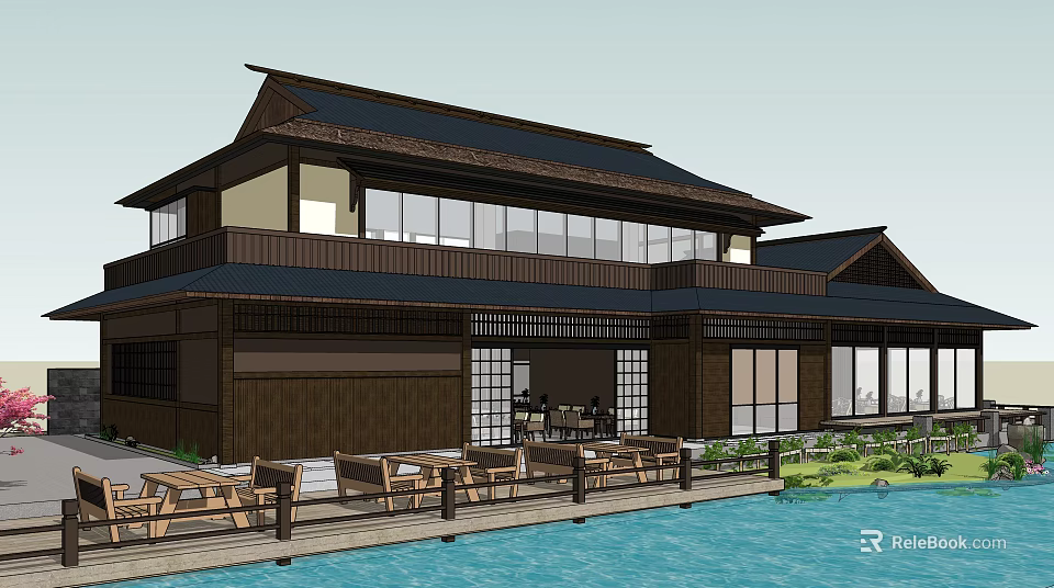 Traditional Waterfront Commercial Complex With Wooden Structure Black Roof And Outdoor Terrace Seating 3d model 
