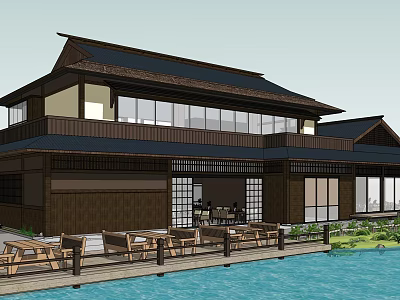 Traditional Waterfront Commercial Complex With Wooden Structure Black Roof And Outdoor Terrace Seating 3d model