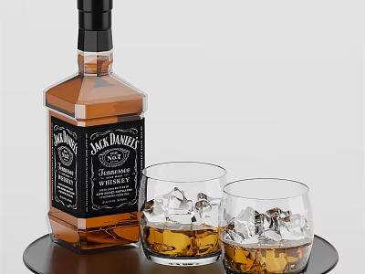 Jack Daniel's Whiskey Bottle With Two Glasses And Ice On Tray 3d model