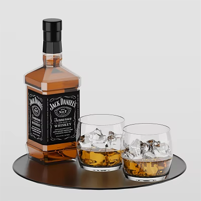 Jack Daniel's Whiskey Bottle With Two Glasses And Ice On Tray 3d model