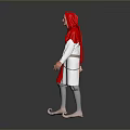Man in Red and White Hooded Costume with Belt Standing Against Gray Background
