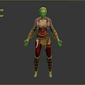 Blonde Female Game Movie Character With Red Brown Leather Outfit And Metal Accessories