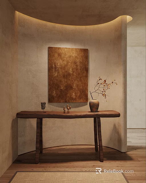 Wooden Console Table with Brown Wall Painting Vase and Branches in Rustic Interior 3d model 