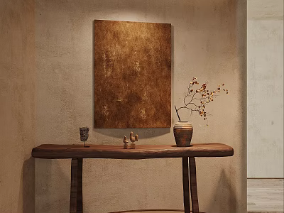 Wooden Console Table with Brown Wall Painting Vase and Branches in Rustic Interior 3d model