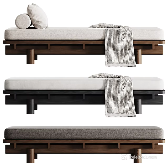 Stylish Wooden Bed Bench with Cushioned Seat and Throw Blanket in Different Colors 3d model 