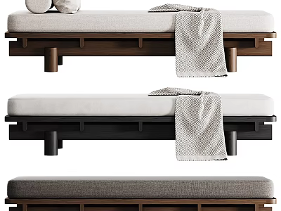 Stylish Wooden Bed Bench with Cushioned Seat and Throw Blanket in Different Colors 3d model