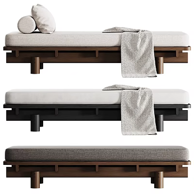 Stylish Wooden Bed Bench with Cushioned Seat and Throw Blanket in Different Colors 3d model