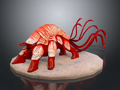 Red Armored Creature Character With Tentacles On Stone Base 3d model
