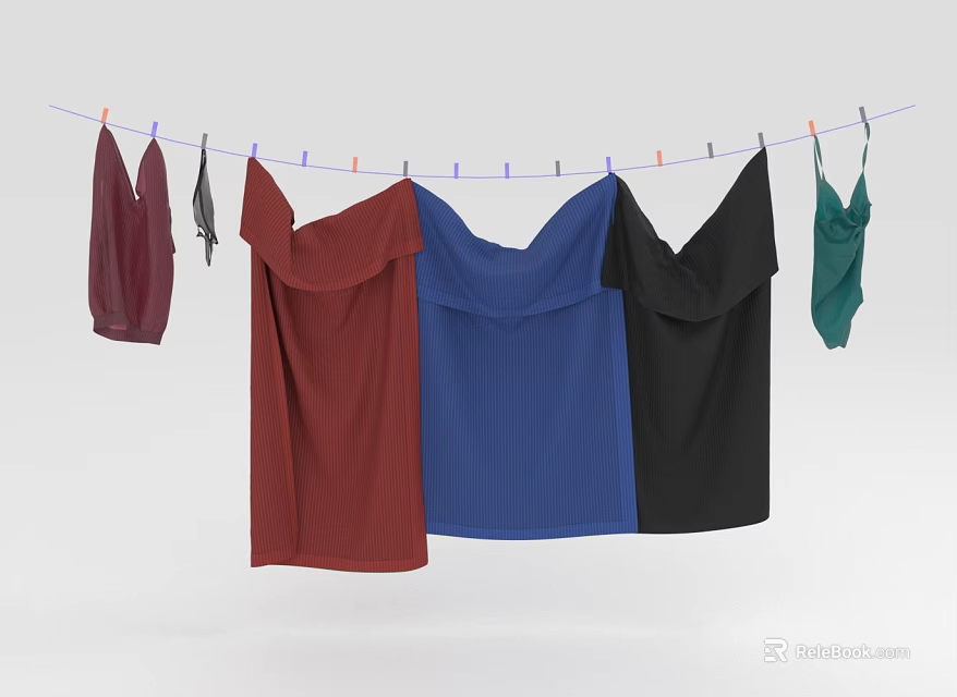 Various Colored Clothes Hanging On Clothesline With Red Blue Black Green 3d model 