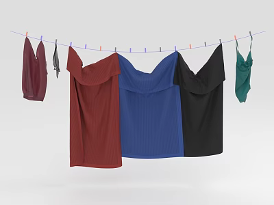 Various Colored Clothes Hanging On Clothesline With Red Blue Black Green 3d model
