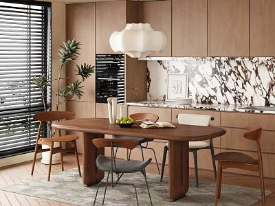 Modern Restaurant Interior With Wooden Cabinets Dining Table White Pendant Light And Marble Backsplash 3d model