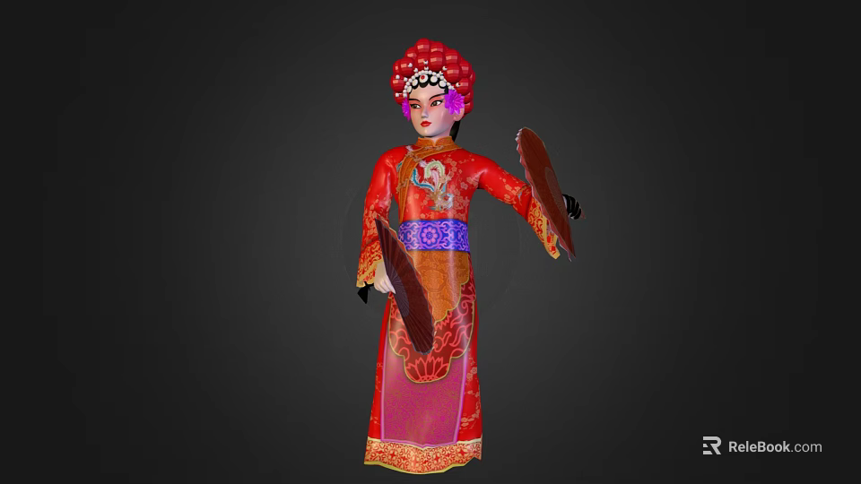 Traditional Chinese Opera Character In Red Embroidered Costume With Ornate Headpiece And Fan 3d model 