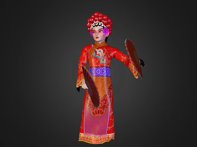 Traditional Chinese Opera Character In Red Embroidered Costume With Ornate Headpiece And Fan 3d model