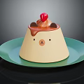 Cute Yellow Pudding Dessert With Drizzled Chocolate Topped Cherry And Chocolate Chips On Green Plate