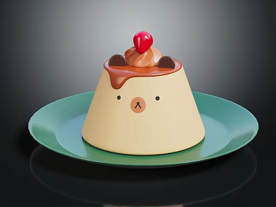 Cute Yellow Pudding Dessert With Drizzled Chocolate Topped Cherry And Chocolate Chips On Green Plate 3d model