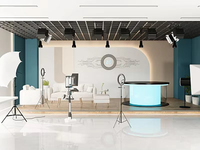 Modern Public Office Space With Open Layout Ceiling Lights Ergonomic Desks And Blue Walls 3d model
