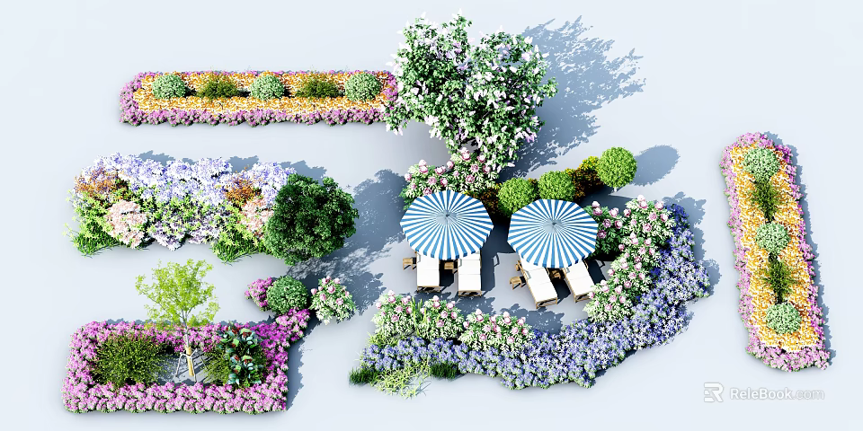 Vibrant Garden Setting With Purple Pink Flowers Green Bushes Trees Blue White Umbrellas Lounge Chairs 3d model 