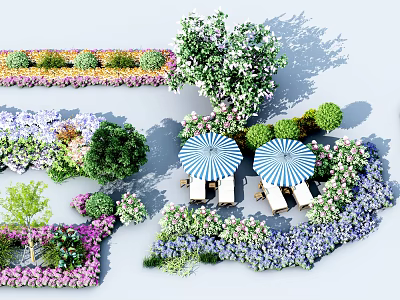 Vibrant Garden Setting With Purple Pink Flowers Green Bushes Trees Blue White Umbrellas Lounge Chairs 3d model