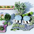 Vibrant Garden Setting With Purple Pink Flowers Green Bushes Trees Blue White Umbrellas Lounge Chairs