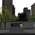 Modern Entrance Gate Design With High Rise Buildings And Green Trees Around