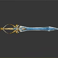 Ornate Decorative Sword With Blue Blade And Golden Accents Shiny Gemstone Embellishments On Handle