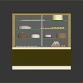 Assorted Desserts in Glass Display Case with Multiple Shelves and Golden Frame