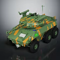 Military Wheeled Armored Tank Featuring Camouflage Paint Turret And Antennas