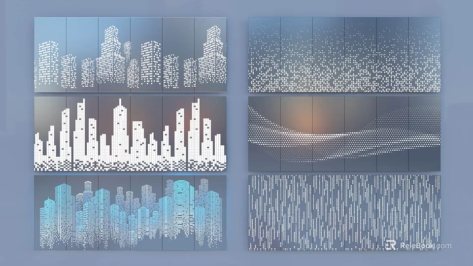 Abstract City Skyline Art With White Lines And Blue Background Geometric Designs 3d model 