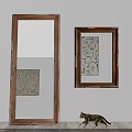 Large Wooden Frame Mirror With Geometric Art And Cat In Modern Interior